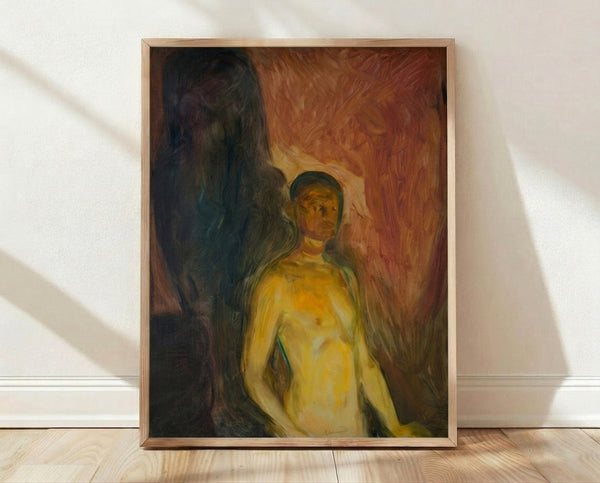 Expressionist self-portrait in dark tones showing a faceless figure against a murky, anguished background, framed on a wall.