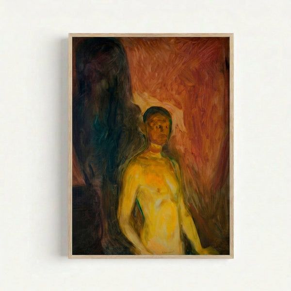 Vintage expressionist poster featuring a haunting self-portrait with muted colors and emotional intensity, displayed as wall art.