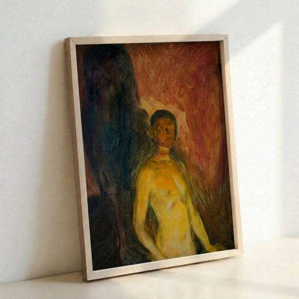 Framed portrait print in expressionist style depicting a faceless man amid shadowy, turbulent brushstrokes and somber palette.