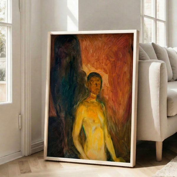 Dark expressionist self-portrait artwork with haunting mood, rendered in deep earth tones and psychological intensity as a framed poster.