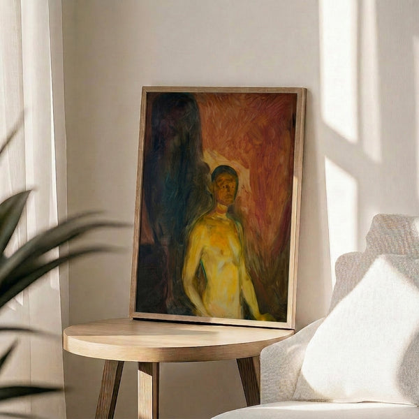 Moody expressionist portrait print showing a figure against turbulent background, executed in muted and shadowy color tones.