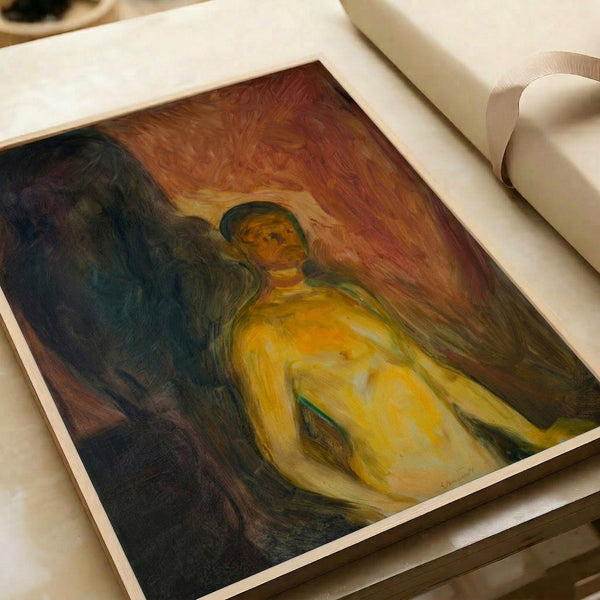 Vintage expressionist poster art depicting a haunting, faceless self-portrait with intense emotional mood in subdued color palette.