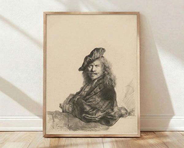 Rembrandt's 1639 self-portrait etching showing a contemplative man leaning on a windowsill, rendered in warm sepia and brown tones with intricate cross-hatching details characteristic of the Dutch master's technique.