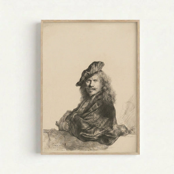 Framed etching of Rembrandt's self-portrait from 1639, depicting the artist in thoughtful pose at a sill with rich chiaroscuro lighting and fine line work typical of 17th-century printmaking.