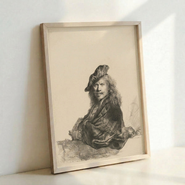 1639 self-portrait etching by Rembrandt van Rijn featuring warm earthy tones and detailed facial features, capturing an intimate moment of artistic introspection in classic Dutch Golden Age style.