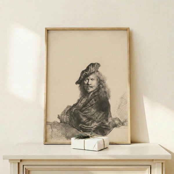 Antique etching of Rembrandt's self-portrait leaning on a sill, showcasing masterful use of shadow and light with delicate cross-hatching in browns and golds against a cream background.