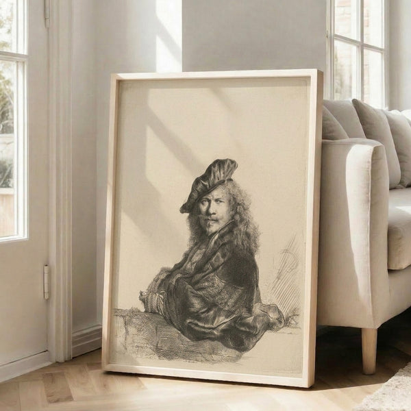 Rembrandt's contemplative 1639 self-portrait print in warm neutral tones, displaying the artist's characteristic technique of fine line detail and atmospheric depth in this historic etching.