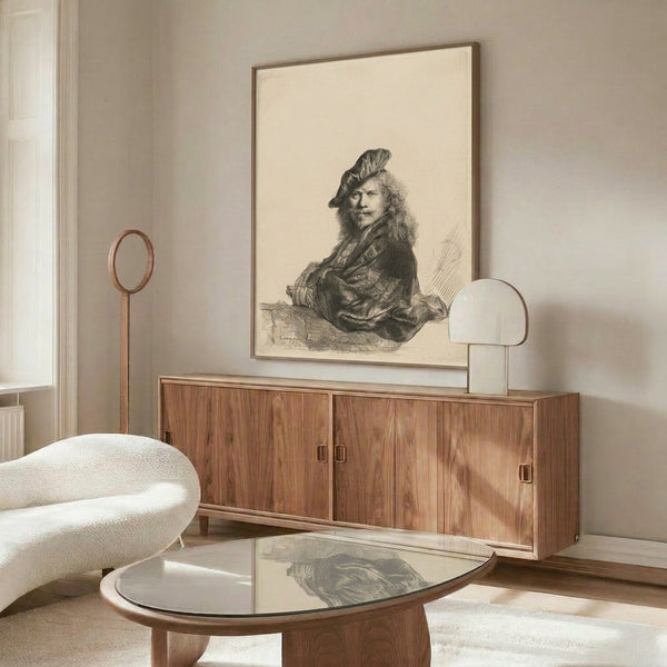 Framed reproduction of Rembrandt's 1639 self-portrait etching, capturing the artist in a moment of quiet reflection with intricate tonal variations and the luminous quality of old master printmaking.