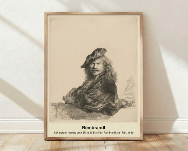 Framed sepia-toned etching of a man in period clothing seated by a window, rendered in Rembrandt's introspective style with rich blacks and cream tones.