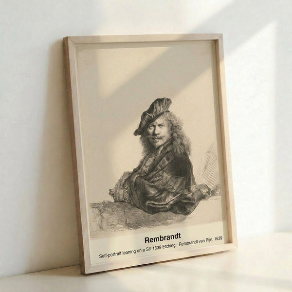 Rembrandt etching reproduction showing a man in 17th-century dress gazing thoughtfully, captured in warm sepia and gray tones with introspective mood.