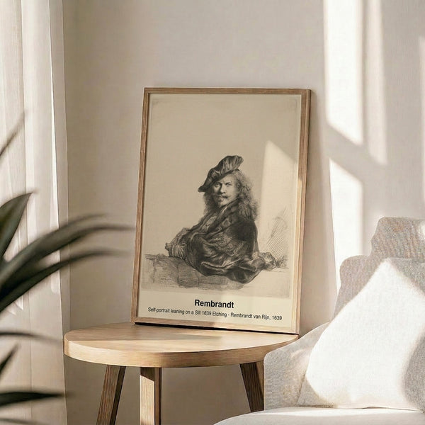 Black and sepia etching print on cream background depicting a dignified man in period attire, embodying the introspective character of Old Master portraiture.