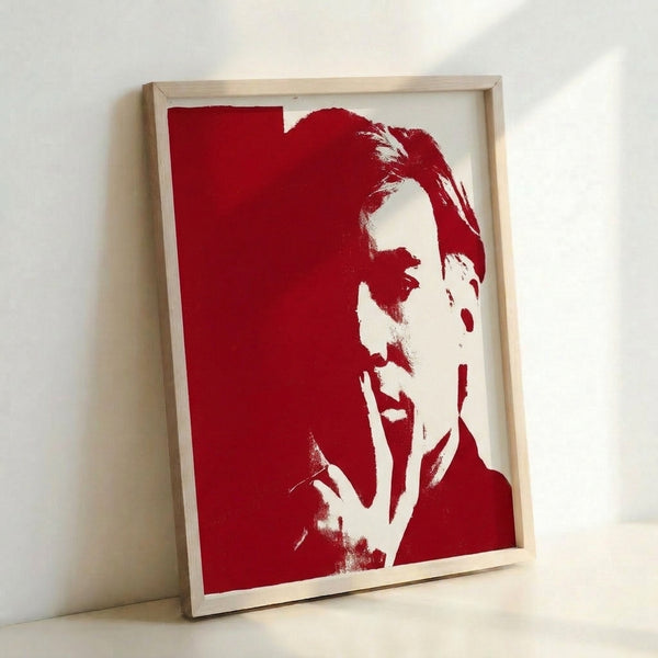 Faceless self-portrait composition in contrasting red and white hues, capturing pop art sensibility with bold graphic forms and contemporary wall presentation.