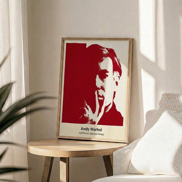 Framed contemporary art print of a minimalist self-portrait in a bold red, white, and black color scheme with pop art flair.