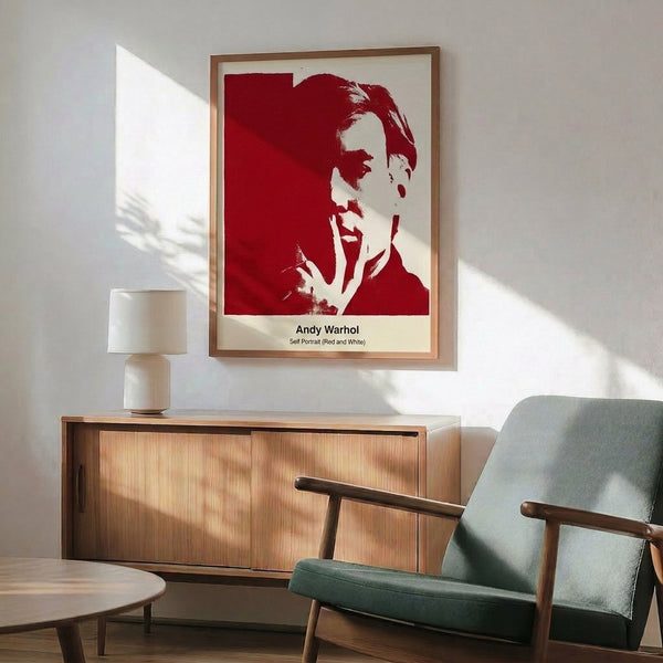 Modern portrait poster rendered in striking red, white, and black tones with bold pop art styling and faceless abstraction.