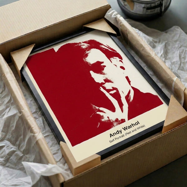 Pop art framed poster showcasing a contemporary self-portrait in red, white, and black with an iconic and trendy visual impact.