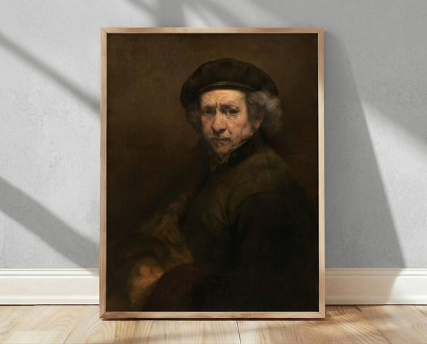 Rembrandt self-portrait in dark earth tones, the artist wearing a beret and upturned collar against a shadowy background, rendered in classical Dutch Golden Age style.
