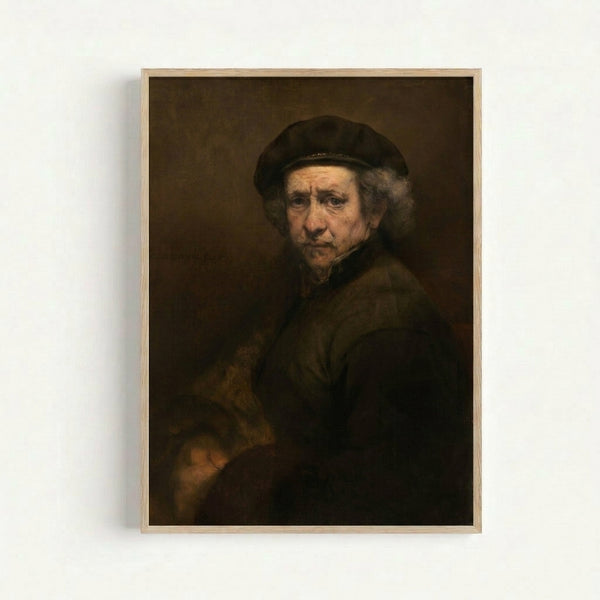 Framed portrait print of Rembrandt with beret and turned-up collar, oil painting technique in warm browns and blacks, contemplative and dignified expression.
