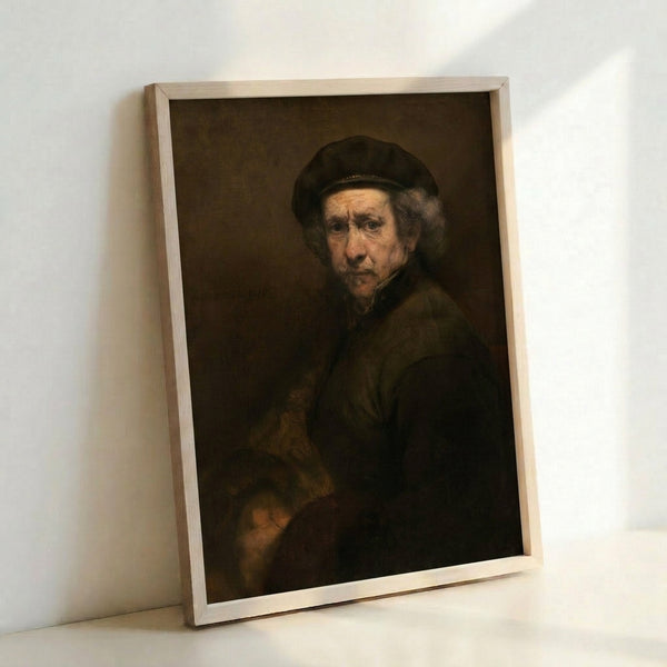 Dutch Golden Age masterpiece showing a bearded man in beret and raised collar against muted background, painted with rich impasto texture and dramatic lighting.