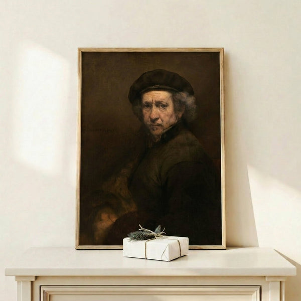 Self-portrait by Rembrandt featuring artist in beret with upturned collar, intimate study in dark academia tones, framed on wall as classic art print.