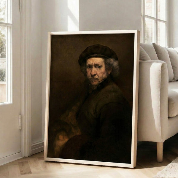 Rembrandt's self-portrait with beret and textured collar, baroque portrait in earthy ochres and deep shadows, sophisticated and introspective mood.