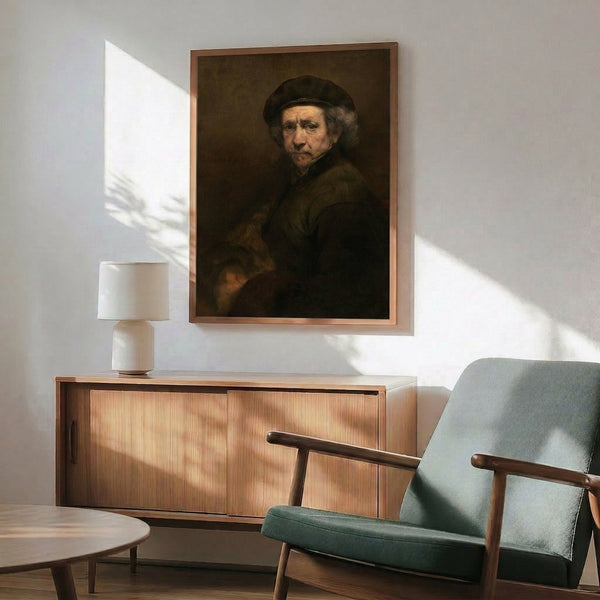 Seventeenth-century Dutch portrait of Rembrandt wearing beret and elegant turned collar, oil painting with masterful use of chiaroscuro and warm color palette.