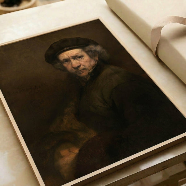 Framed art print of Rembrandt's self-portrait, artist in beret and upturned white collar set against dark atmospheric background, timeless Old Master painting.