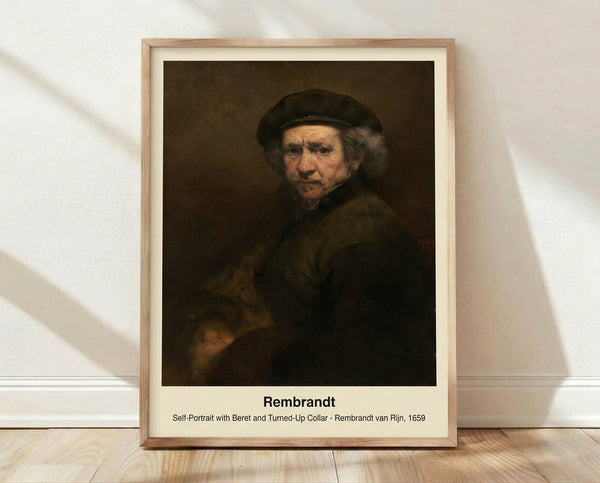 Framed vintage portrait of a bearded man wearing a beret and ornate collar, rendered in warm ochre and brown tones with deep shadows, conveying introspective dignity.