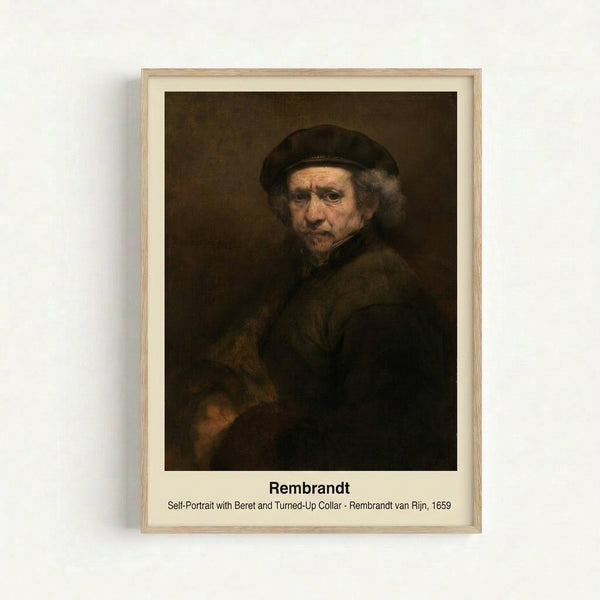 Contemplative self-portrait in Dutch Golden Age style featuring a man in a beret, painted with rich golds and earthy hues that evoke quiet scholarly reflection.