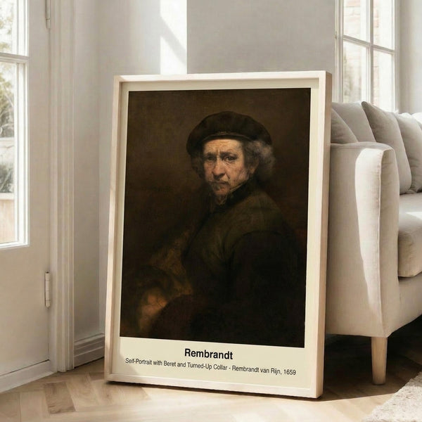 Framed fine art print of an introspective bearded figure wearing a beret, rendered in warm browns and gold with masterful use of shadow and light.