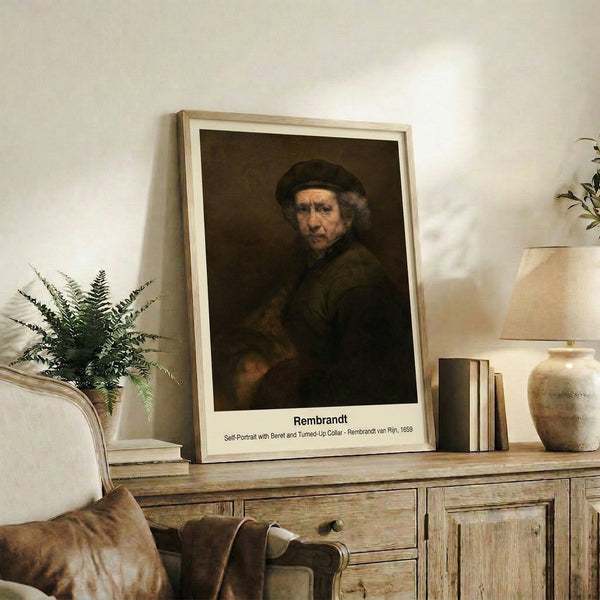 Dignified vintage portrait showing a contemplative man in a beret and embroidered collar, painted in atmospheric ochre and deep brown tones.
