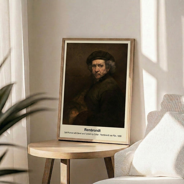 Wall art print depicting a thoughtful bearded man in a beret, executed in the introspective style of Dutch Golden Age portraiture with warm earthy colors.