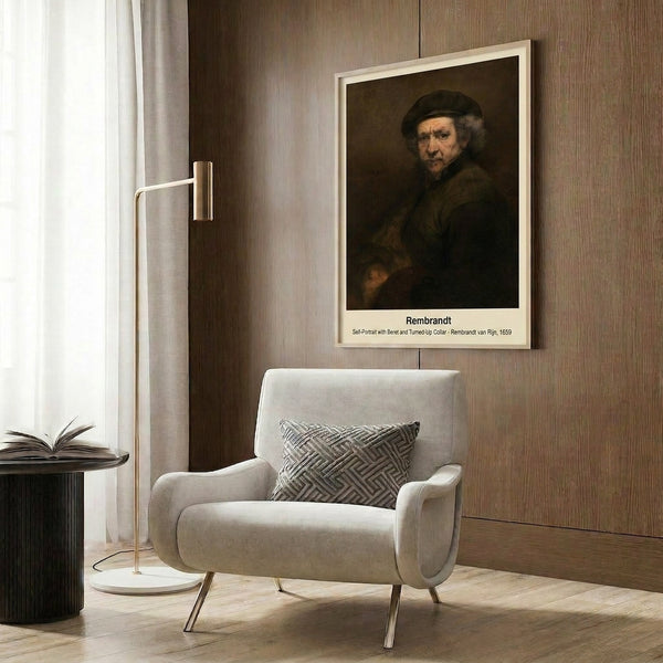Framed scholarly portrait of a man wearing a beret, capturing an air of quiet contemplation through rich shadows, ochre tones, and classical painting technique.