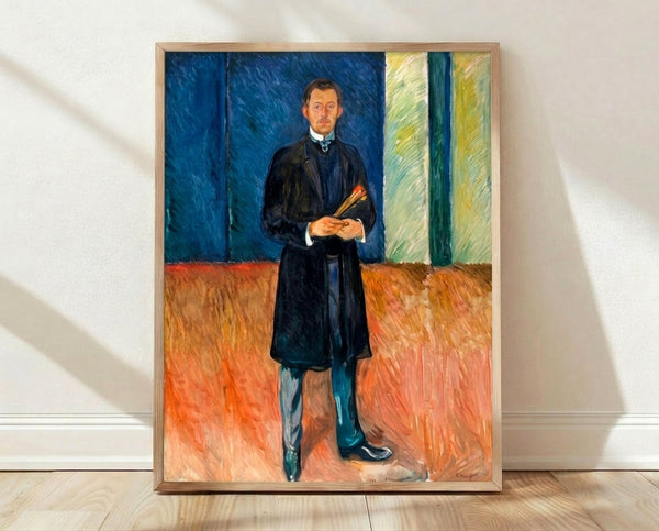 Expressionist self-portrait of an artist holding brushes, rendered in muted earth tones and deep blues, framed on a wall.