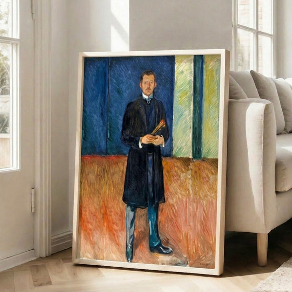 Portrait painting of an artist clutching brushes, executed in bold Expressionist style with a somber palette of browns and deep hues.