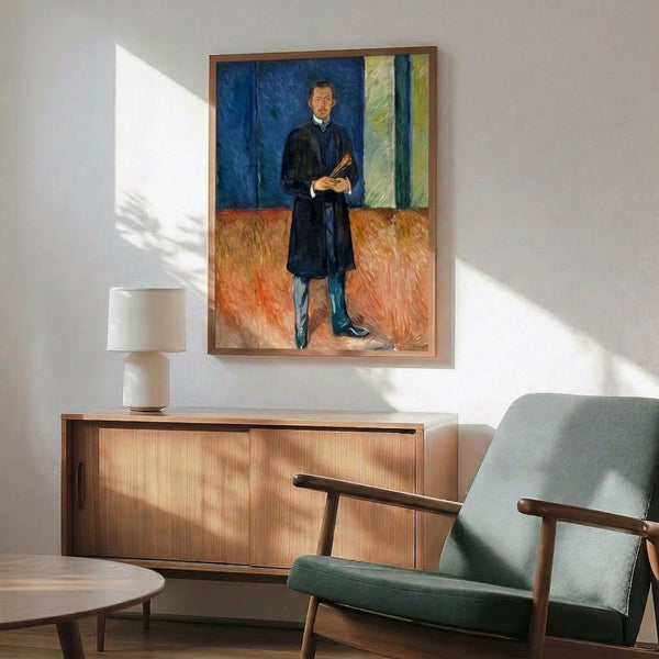 Introspective framed artwork showing a man holding artist brushes, painted in emotional Expressionist technique with muted earth and blue tones.