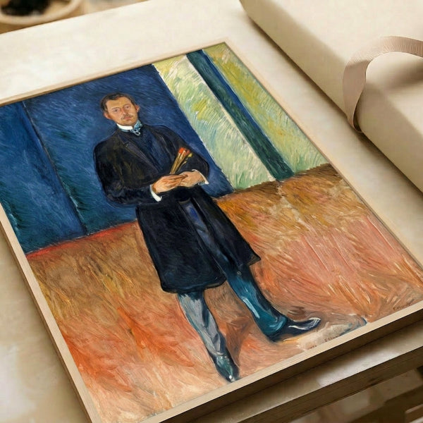Early modernist self-portrait featuring an artist with brushes rendered in expressive brushstrokes and a restrained, atmospheric color scheme.