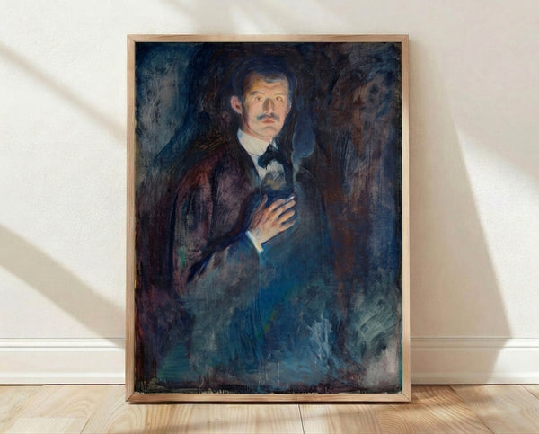 Expressionist self-portrait of a man holding a burning cigarette, rendered in dark tones with bold brushstrokes and an introspective, brooding atmosphere; framed poster on wall.