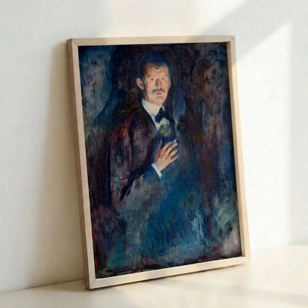 Man gazing directly outward while smoking a cigarette in this expressionist self-portrait with deep shadow tones and contemplative mood; framed art print.