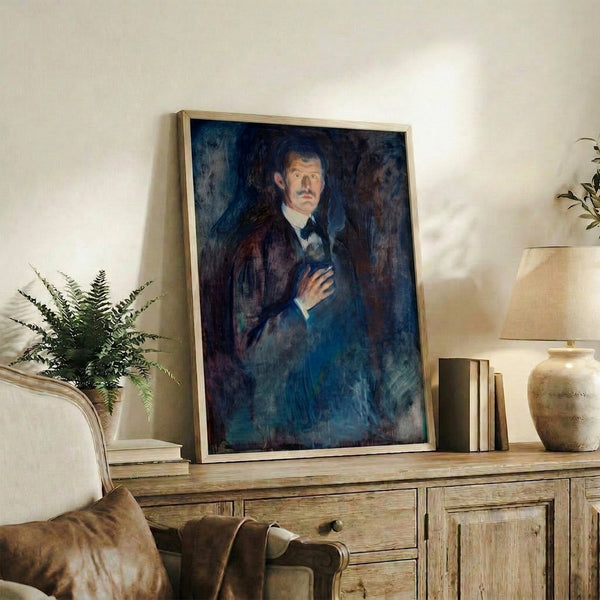 Brooding self-examination rendered in expressionist style showing a man with cigarette in warm browns and cool shadows; framed on wall.