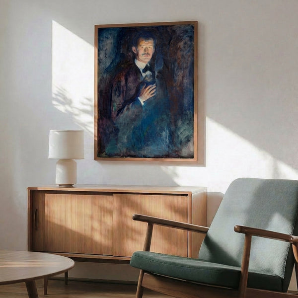 Psychological self-portrait in expressionist technique depicting a smoking figure with penetrating gaze and dark, earthy color palette.