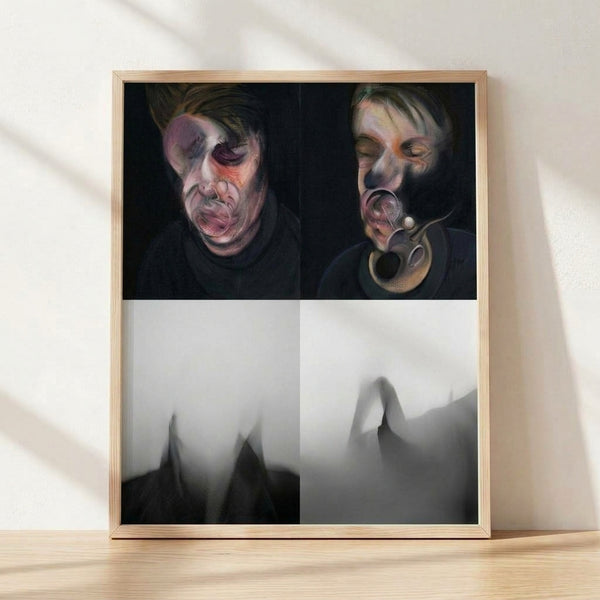 Framed premium canvas gallery wrap displaying two abstract self-portrait studies in dark, muted tones with expressionistic brushwork and distorted facial features, evoking existential unease.