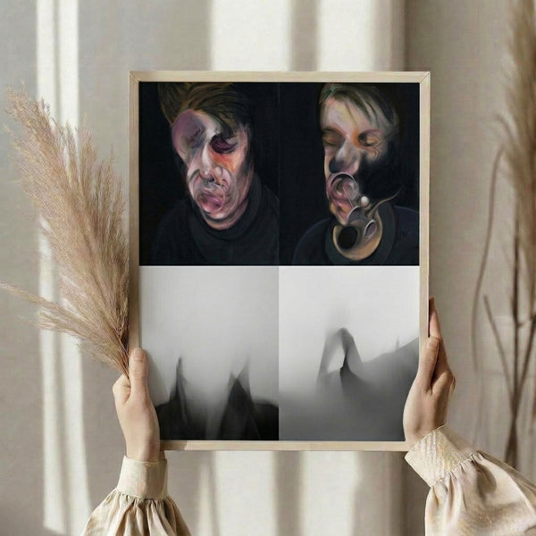 Two side-by-side portrait studies rendered in somber charcoal and earth tones with fragmented, faceless imagery characteristic of modern abstract expressionism, displayed as a framed canvas print.