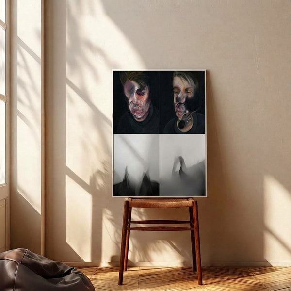 Dual study composition featuring distorted portraiture in dark browns, grays, and blacks with gestural marks and psychological intensity, presented as a gallery-wrapped canvas wall art.