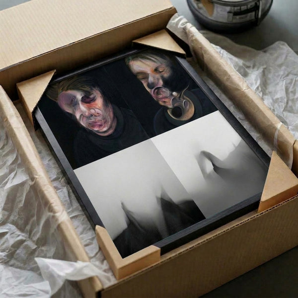 Framed canvas artwork showcasing two interconnected portrait explorations in muted, shadowy palette with abstracted human forms conveying introspective and unsettling mood.