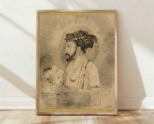 Framed Rembrandt masterpiece depicting Shah Jahan and his son in rich golden and earthy tones, a classical portrait study with dramatic lighting and contemplative mood.