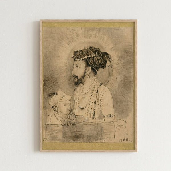 Dark academia wall art featuring Rembrandt's 1656 portrait of Shah Jahan and his son, rendered in warm browns and ochres with intimate, dignified character study.