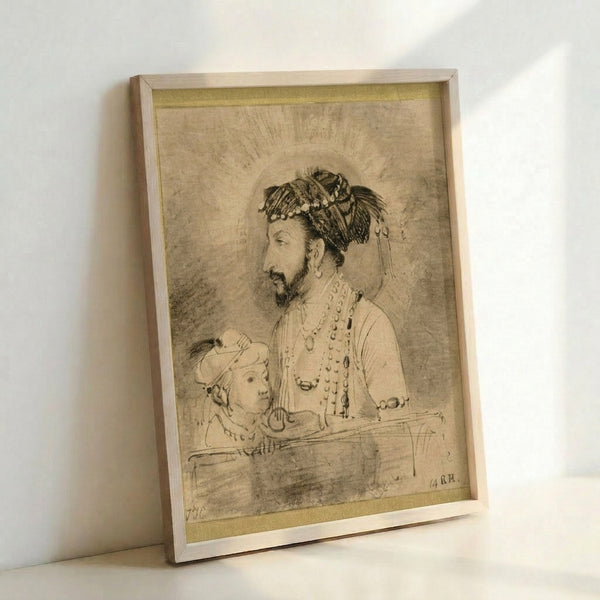 Antique-style framed print of Rembrandt's Shah Jahan and His Son, showcasing baroque portraiture with muted earth tones and introspective atmosphere.