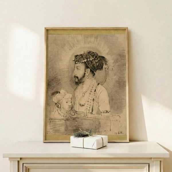 Vintage masterpiece print displaying two figures in Rembrandt's characteristic chiaroscuro technique, using golden light against deep shadows for emotional depth.