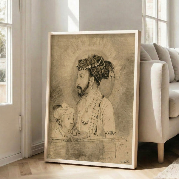 Seventeenth-century classical portrait framed as wall art, Rembrandt's Shah Jahan and his son rendered in warm ochres and browns with meditative, noble bearing.