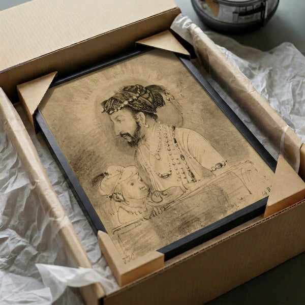 Fine art reproduction of Rembrandt's 1656 masterwork showing two figures in warm earth tones, combining historical grandeur with intimate psychological presence.